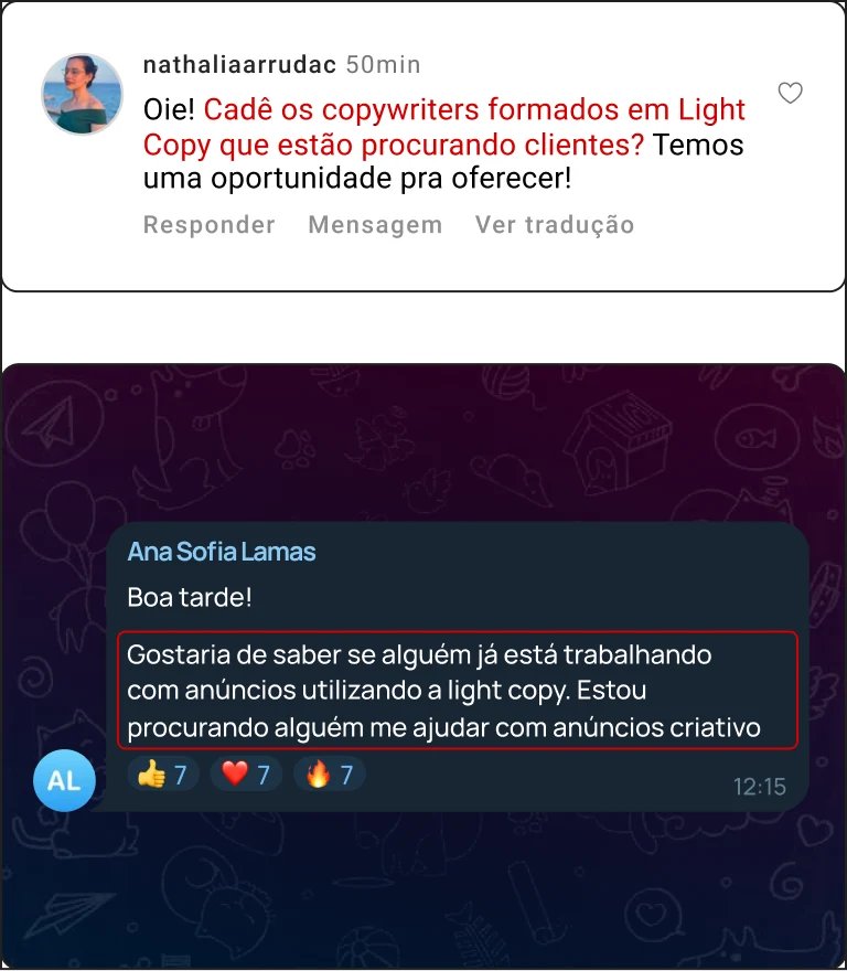 Depoimentos: oportunidades para copywriters formados em Light Copy e busca por anúncios com light copy