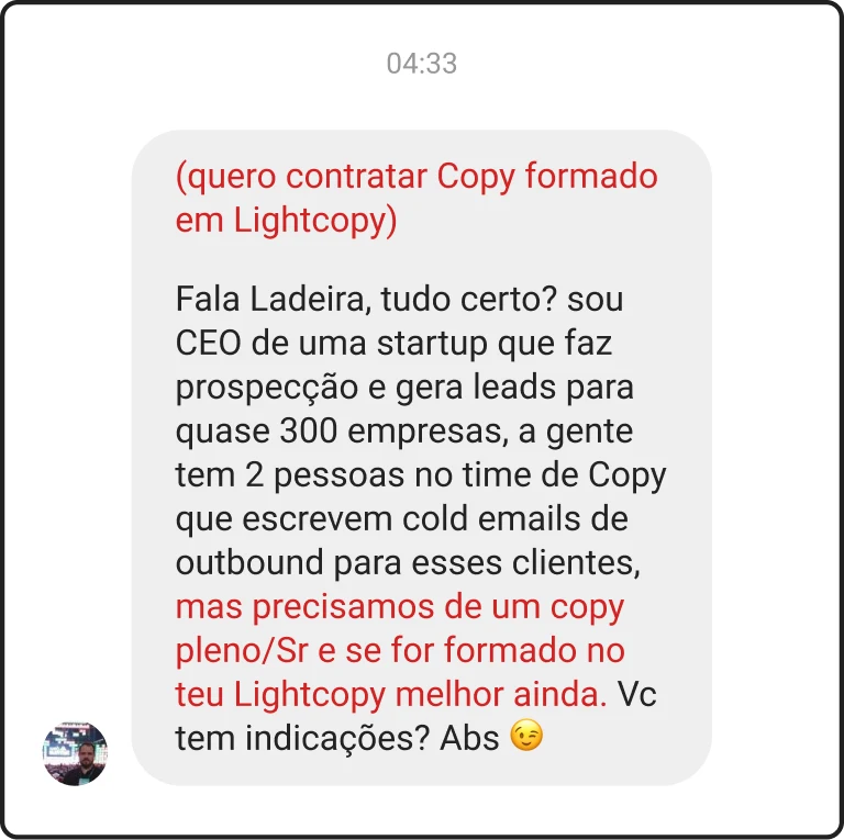 Mensagem: contratação de copy formado em Lightcopy para startup