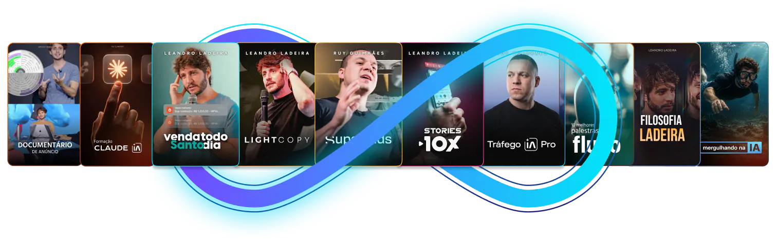Os cursos e bônus da oferta atravessados por um símbolo de infinito: Documentário de Anúncio, Formação Claude IA, Venda Todo Santo Dia, Light Copy, Super ADS, Stories 10x, Tráfego IA Pro, 10 Melhores Palestras do Fluxo, Filosofia Ladeira e Mergulhando na IA